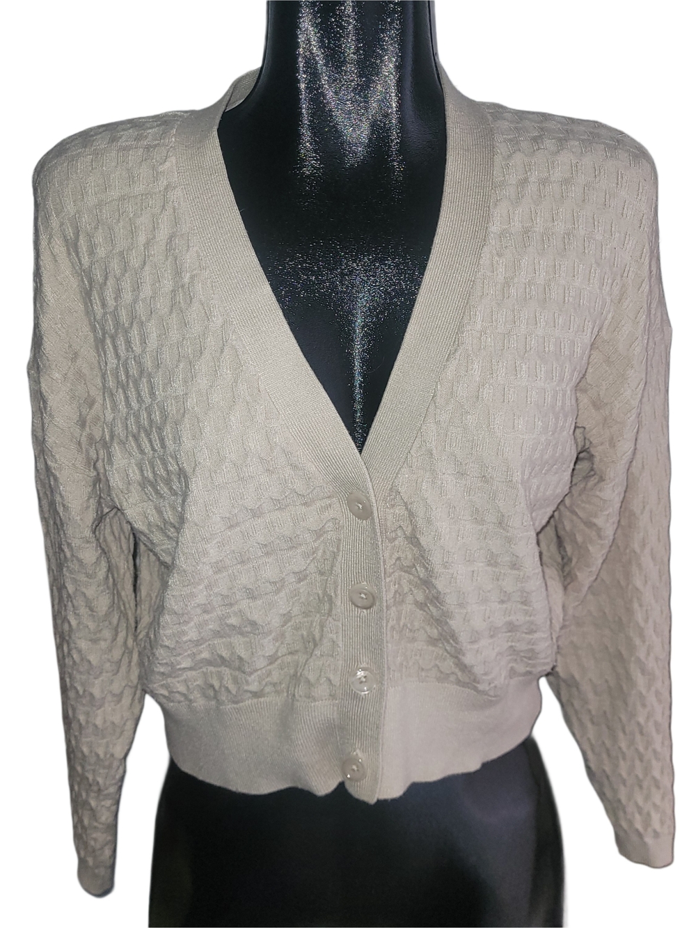 Only Cream V-Neck Button Front Honeycomb Textured Knit Cardigan Sweater Size M